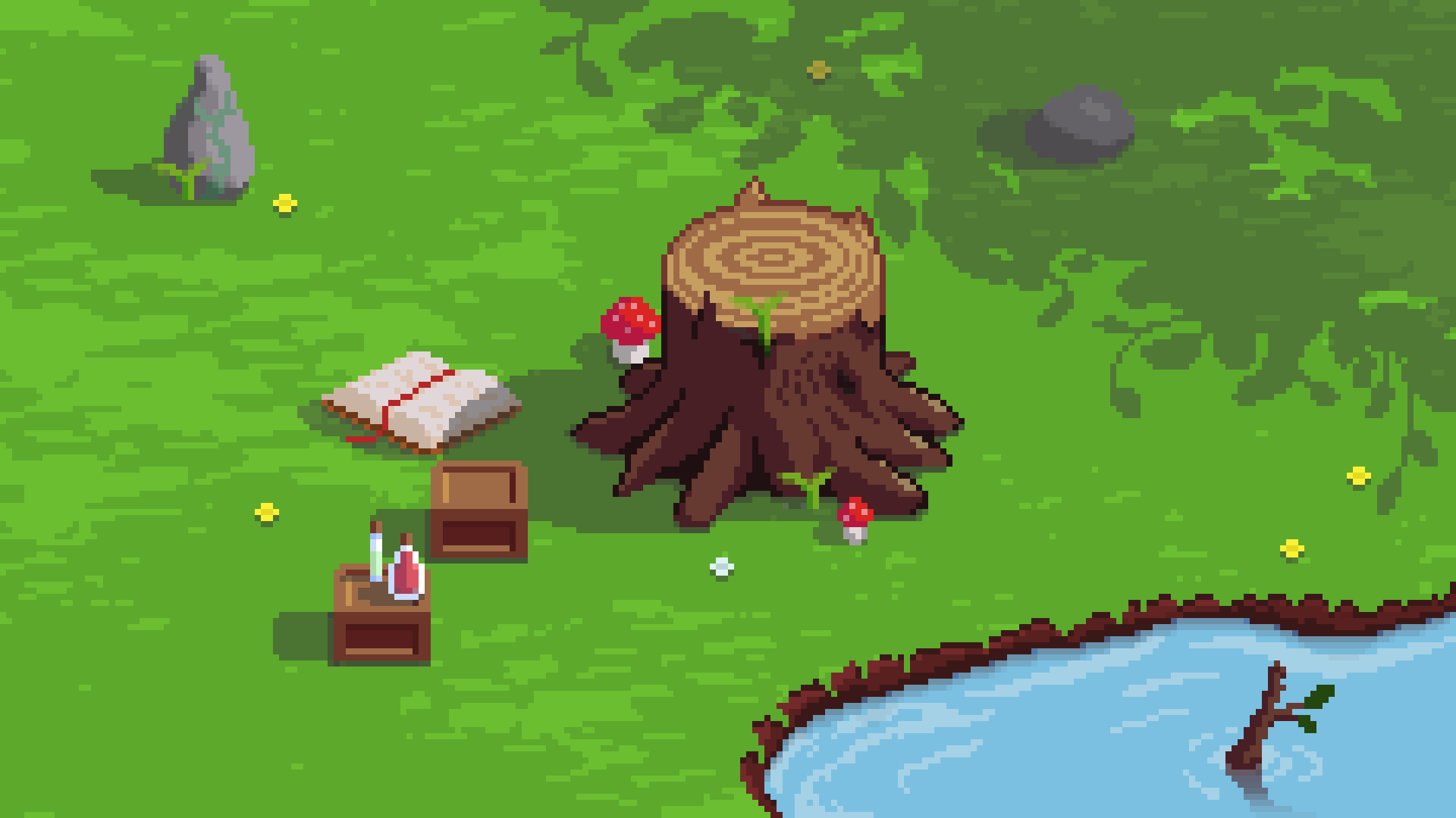 Image of a resting area. A book and some potions lay around. Was a magician here? Pixelart by CreepBee